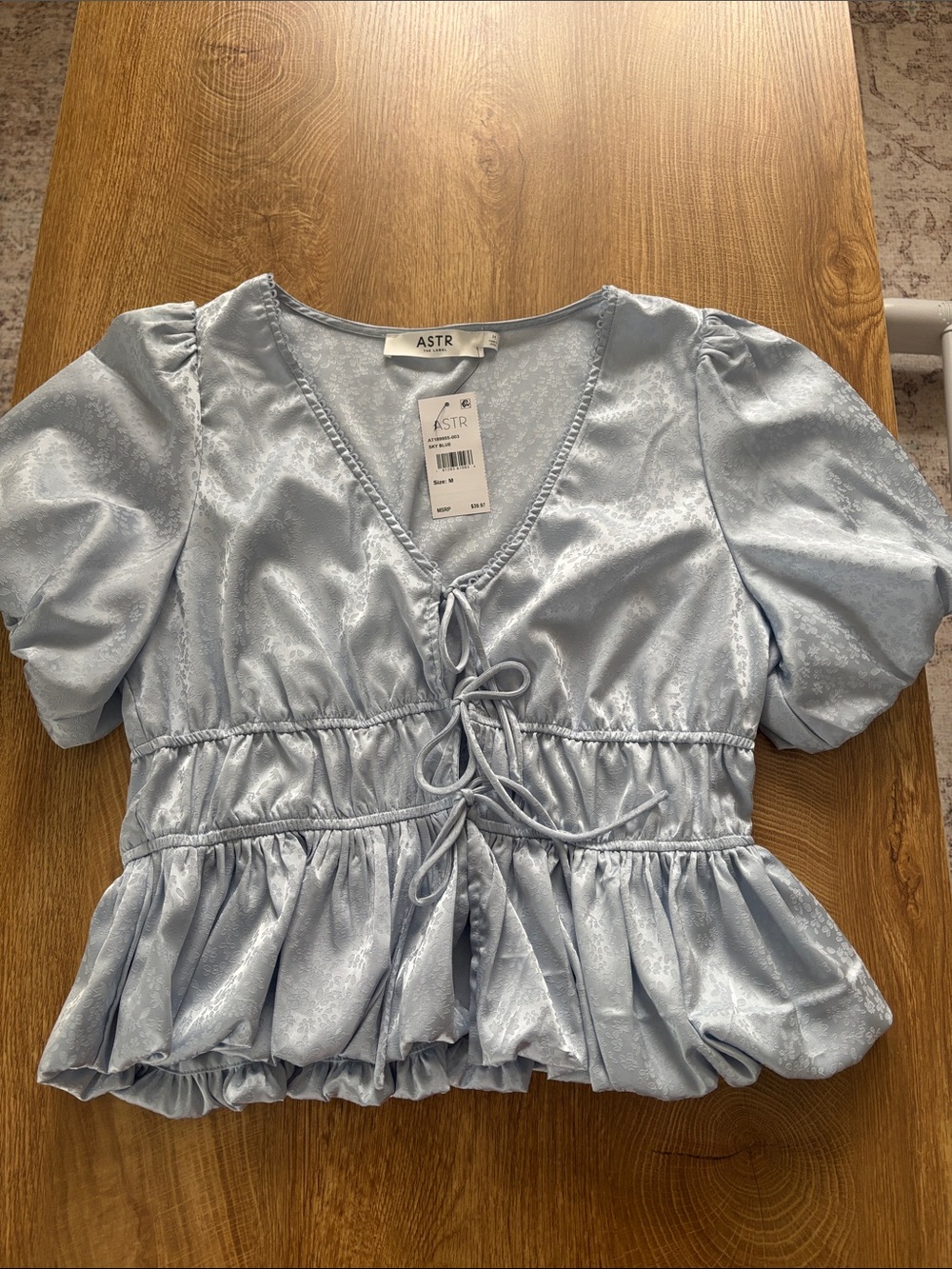 ASTR Pale Blue Tie-Front Peplum Blouse